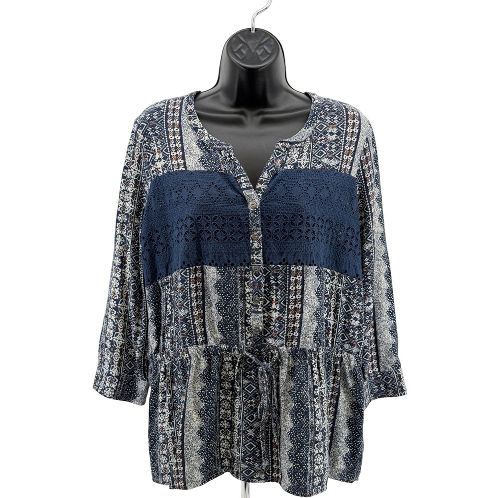 Miss Me Tunic Women Medium Geometric Print Crochet Lace Drawstring Boho Top